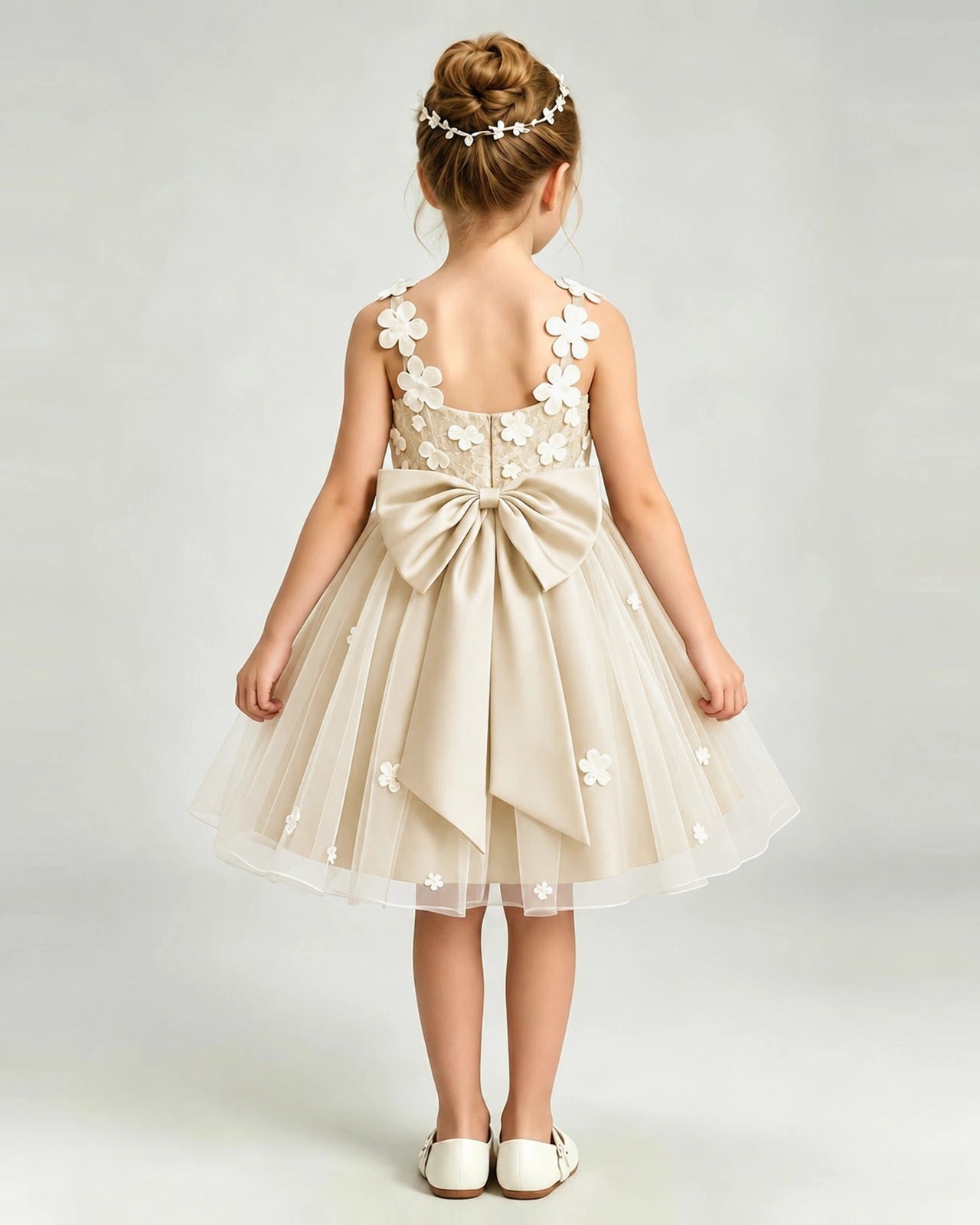 Champagne Flower Girl Dress 3D Floral Applique Spaghetti Strap Knee-Length A-Line Gown Back View