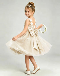 Champagne Flower Girl Dress 3D Floral Applique Spaghetti Strap Knee-Length A-Line Gown Side View