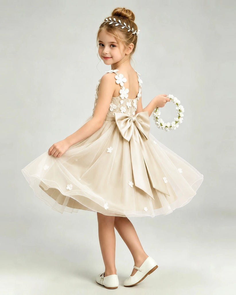 Champagne Tulle A-line Girls Formal Dress Back View