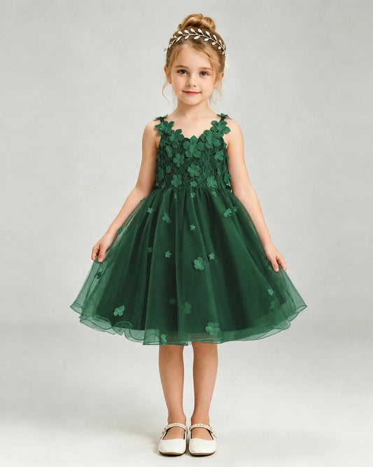 Dark Green Tulle A-line Girls Formal Dress Front View