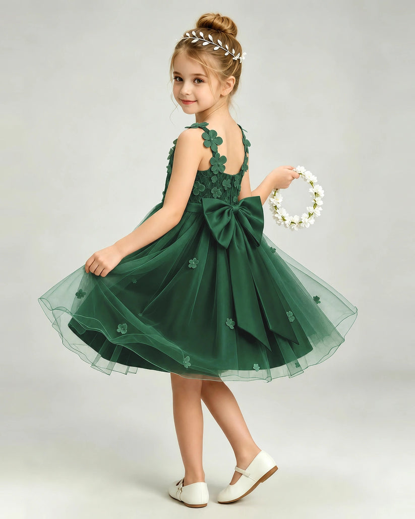 Dark Green Tulle A-line Girls Formal Dress Back View