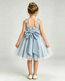 Dusty BlueFlower Girl Dress 3D Floral Applique Spaghetti Strap Knee-Length A-Line Gown Back View