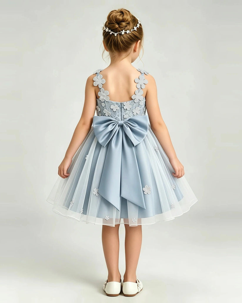 Dusty Blue Tulle A-line Girls Formal Dress Back View