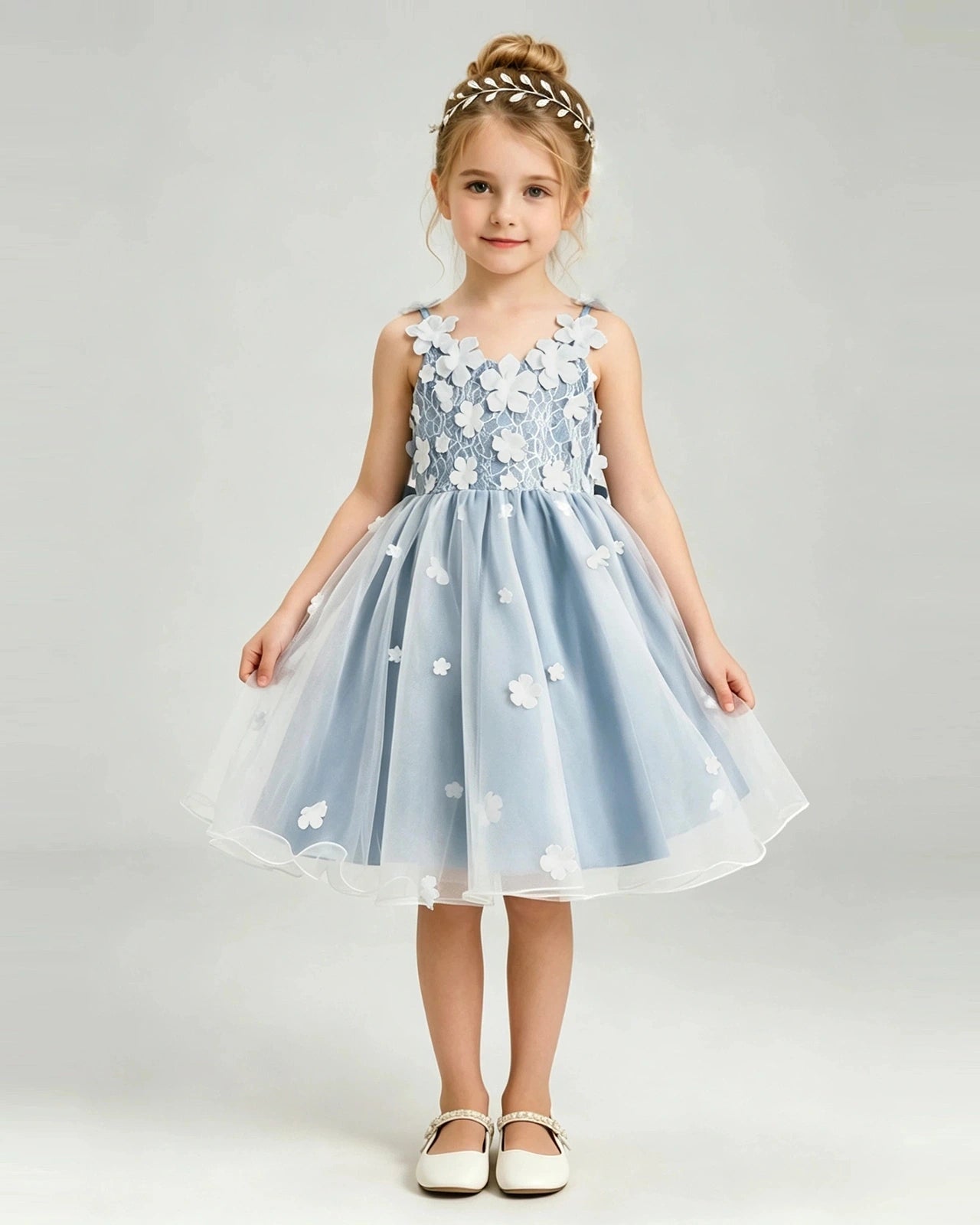 Dusty BlueFlower Girl Dress 3D Floral Applique Spaghetti Strap Knee-Length A-Line Gown Front View