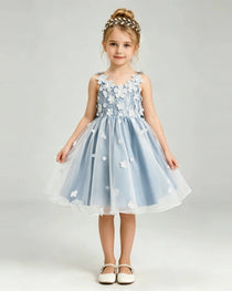 Dusty BlueFlower Girl Dress 3D Floral Applique Spaghetti Strap Knee-Length A-Line Gown Front View