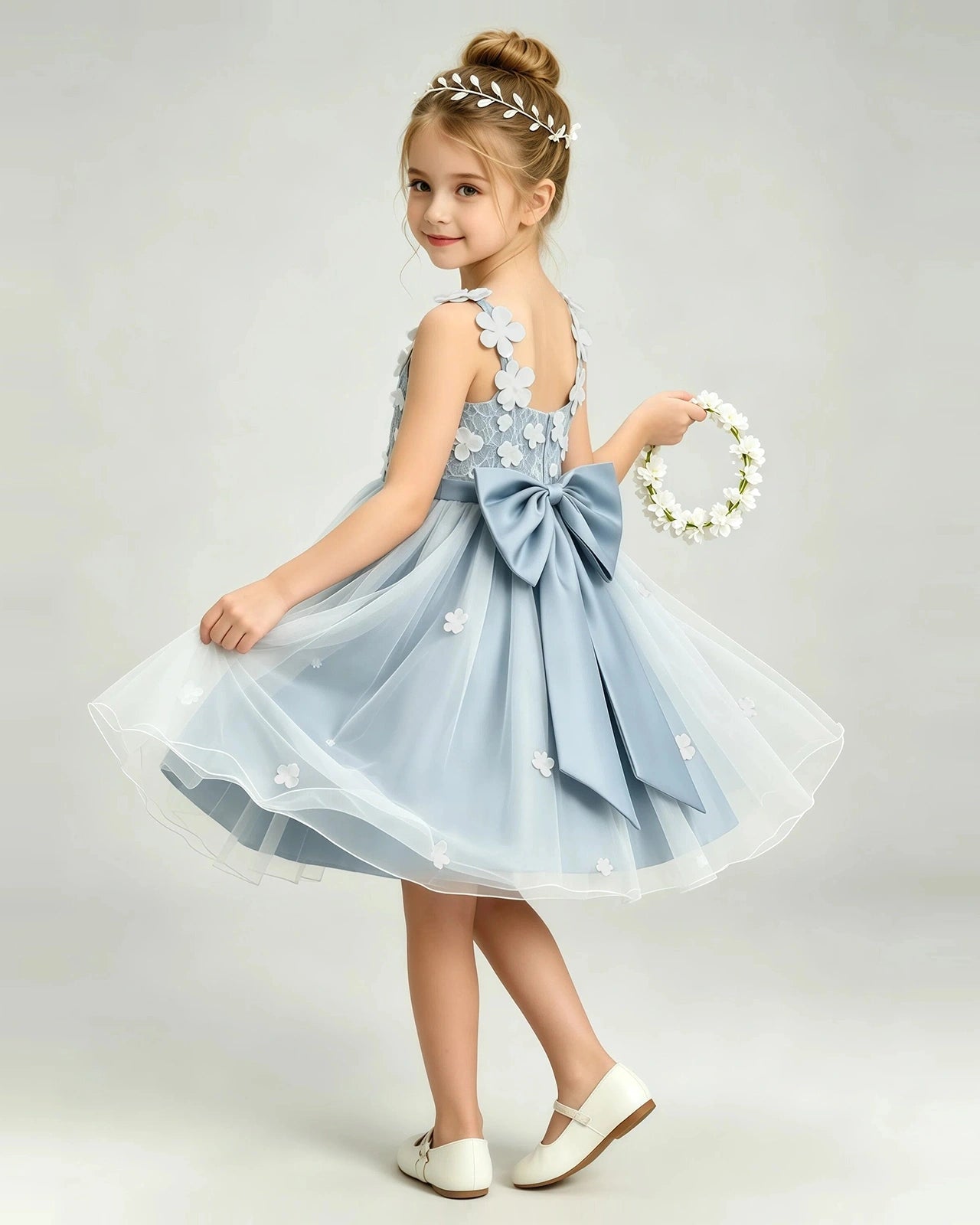 Dusty Blue Flower Girl Dress 3D Floral Applique Spaghetti Strap Knee-Length A-Line Gown Side View