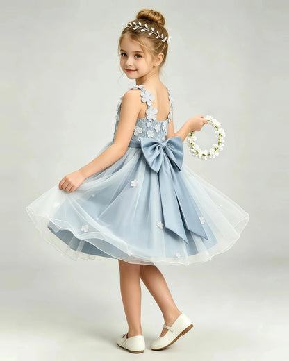 Dusty Blue Flower Girl Dress 3D Floral Applique Spaghetti Strap Knee-Length A-Line Gown Side View