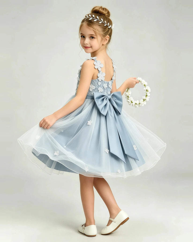 Dusty Blue Tulle A-line Girls Formal Dress Back View