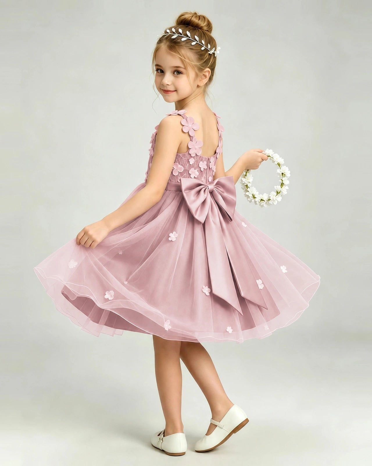 Dusty Rose Flower Girl Dress 3D Floral Applique Spaghetti Strap Knee-Length A-Line Gown Side View