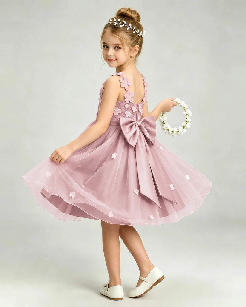 Dusty Rose Tulle A-line Girls Formal Dress Back View