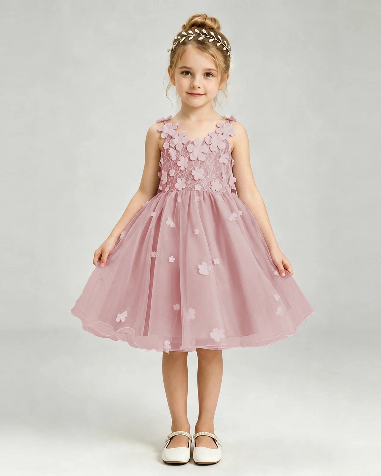 Dusty Rose Flower Girl Dress 3D Floral Applique Spaghetti Strap Knee-Length A-Line Gown Front View