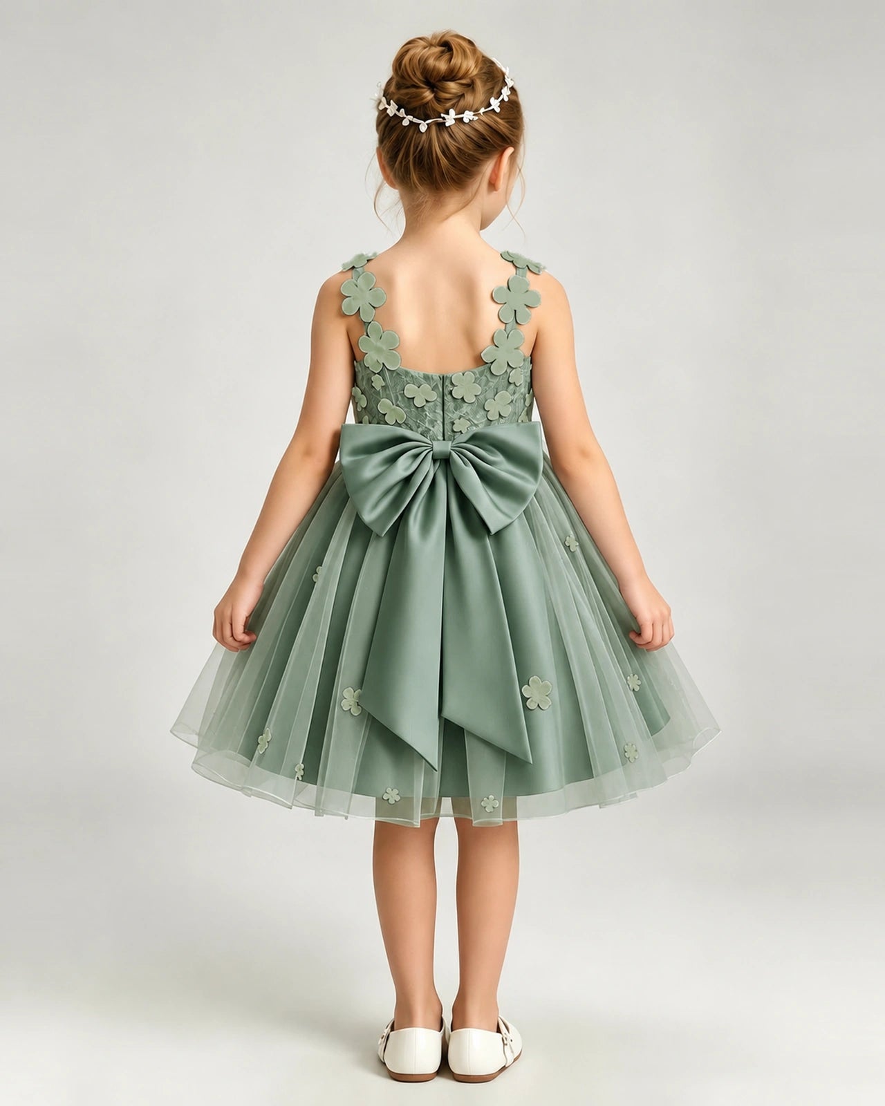 Eucalyptus Flower Girl Dress 3D Floral Applique Spaghetti Strap Knee-Length A-Line Gown Back View