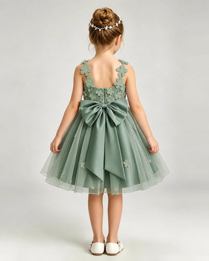 Eucalyptus Flower Girl Dress 3D Floral Applique Spaghetti Strap Knee-Length A-Line Gown Back View