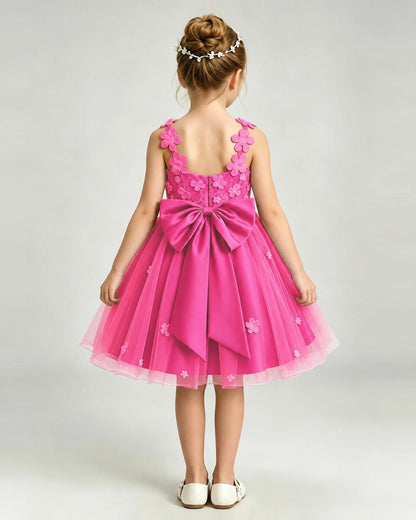 Hot Pink Flower Girl Dress 3D Floral Applique Spaghetti Strap Knee-Length A-Line Gown Back View