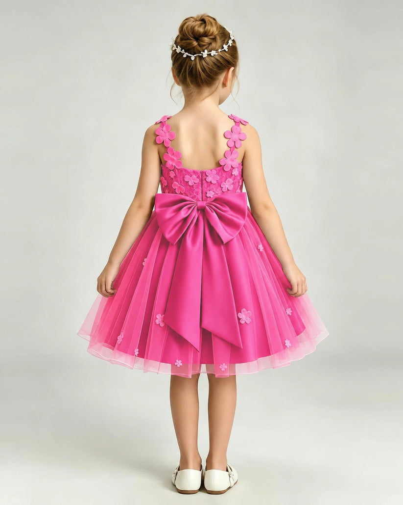 Hot Pink Tulle A-line Girls Formal Dress Back View