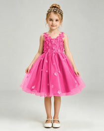 Hot Pink Flower Girl Dress 3D Floral Applique Spaghetti Strap Knee-Length A-Line Gown Front View