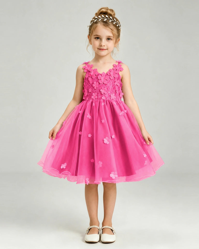 Hot Pink Tulle A-line Girls Formal Dress Front View