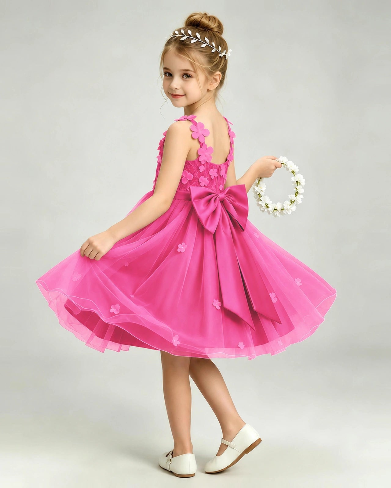 Hot Pink Flower Girl Dress 3D Floral Applique Spaghetti Strap Knee-Length A-Line Gown Side View