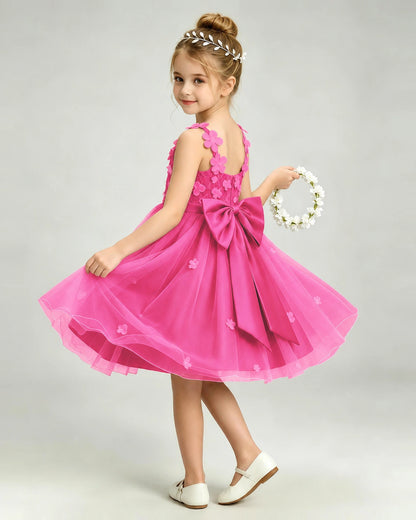 Hot Pink Flower Girl Dress 3D Floral Applique Spaghetti Strap Knee-Length A-Line Gown Side View