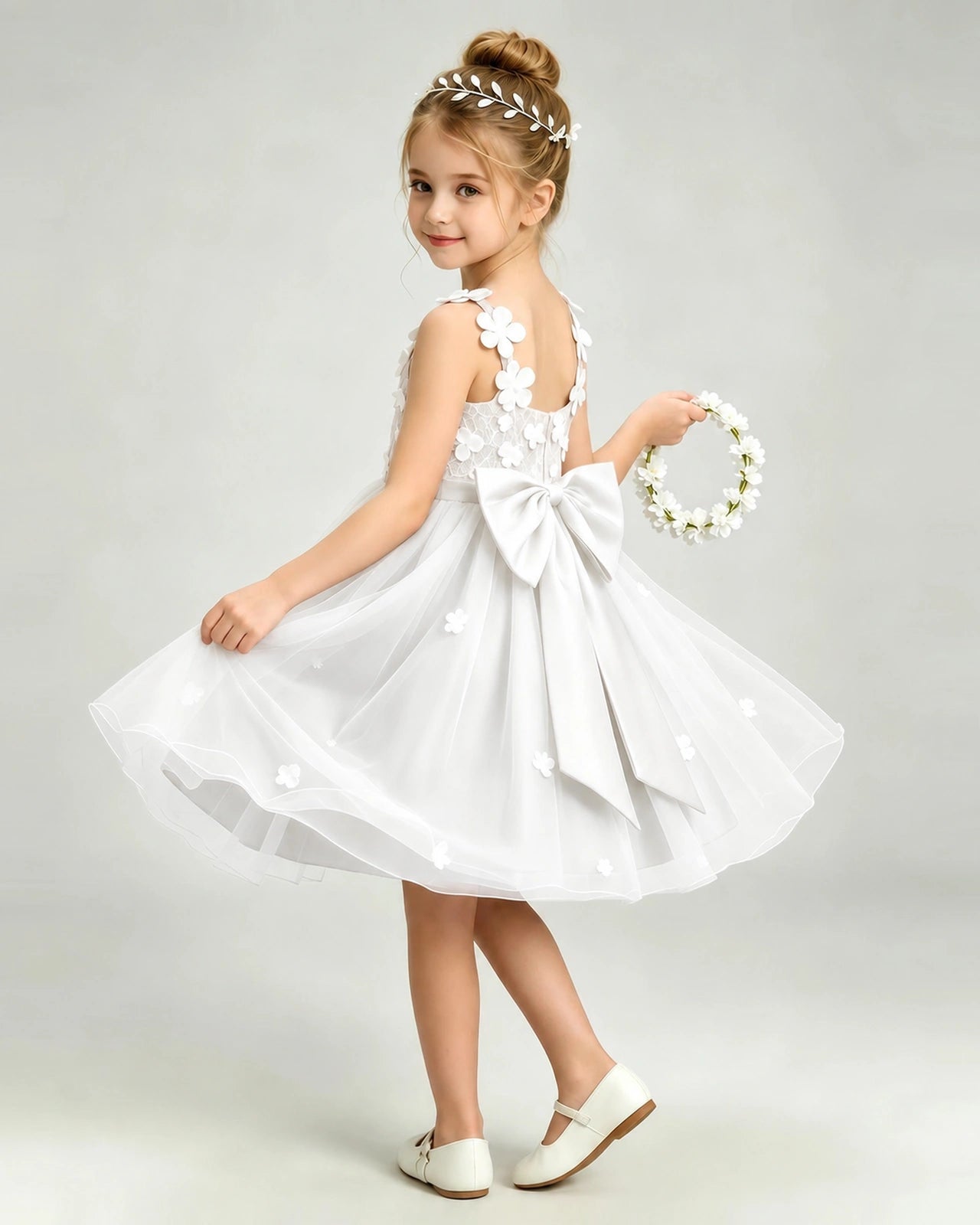 Ivory Flower Girl Dress 3D Floral Applique Spaghetti Strap Knee-Length A-Line Gown Side View