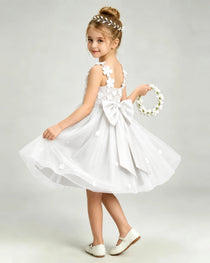 Ivory Flower Girl Dress 3D Floral Applique Spaghetti Strap Knee-Length A-Line Gown Side View