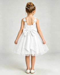 Ivory Flower Girl Dress 3D Floral Applique Spaghetti Strap Knee-Length A-Line Gown Back View