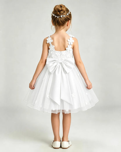 Ivory Flower Girl Dress 3D Floral Applique Spaghetti Strap Knee-Length A-Line Gown Back View
