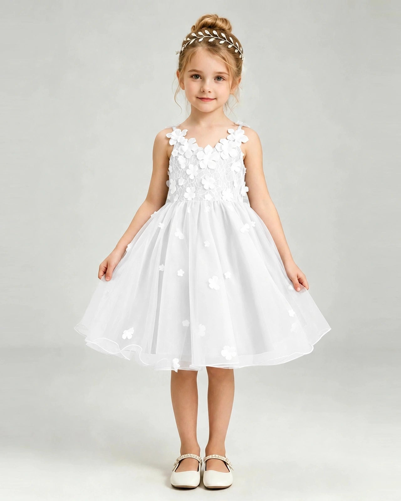 Ivory Flower Girl Dress 3D Floral Applique Spaghetti Strap Knee-Length A-Line Gown Front View