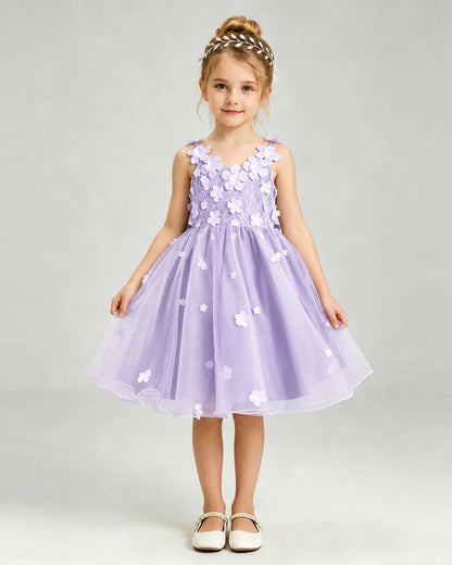 Lavender Flower Girl Dress 3D Floral Applique Spaghetti Strap Knee-Length A-Line Gown Front View