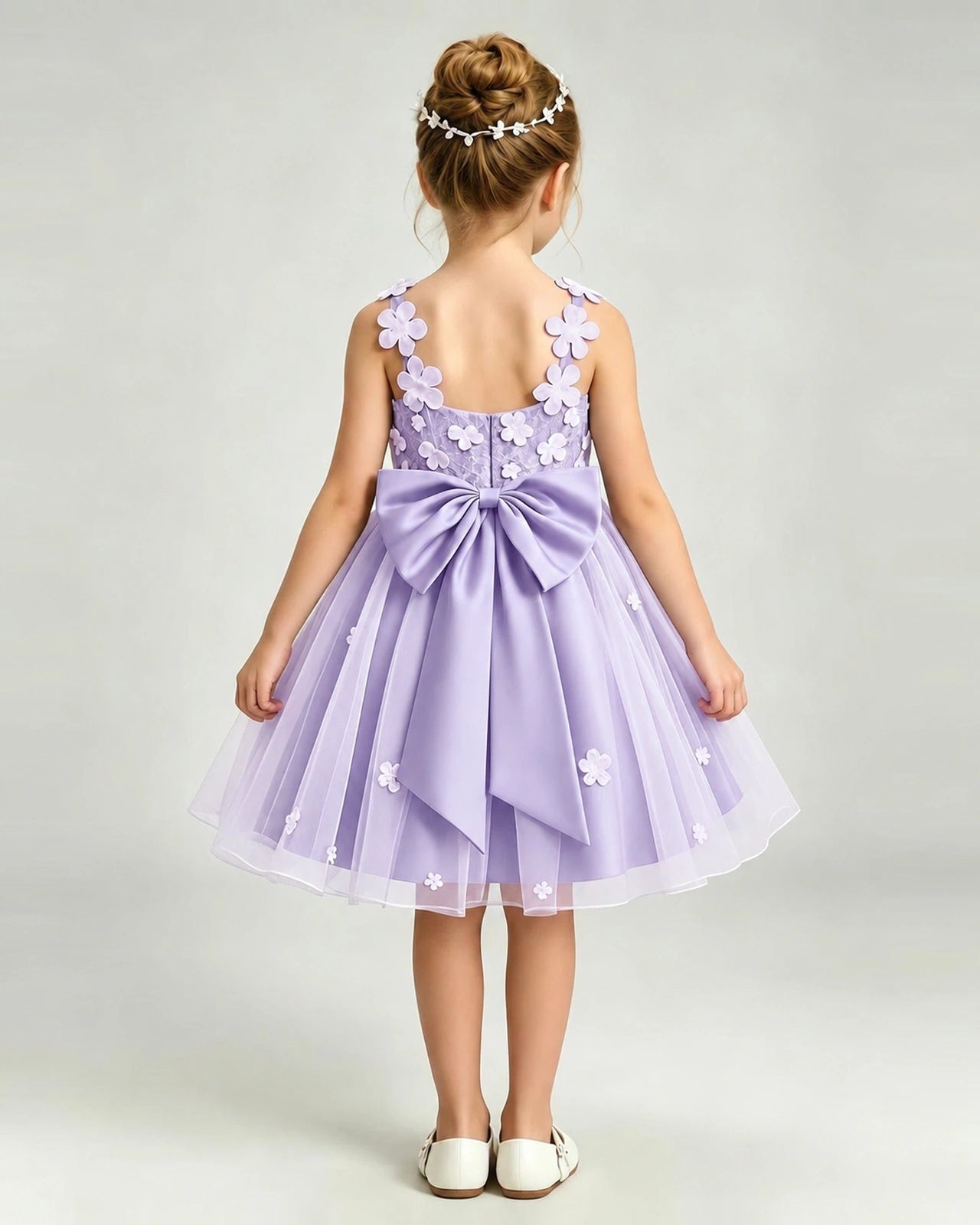 Lavender Flower Girl Dress 3D Floral Applique Spaghetti Strap Knee-Length A-Line Gown Back View