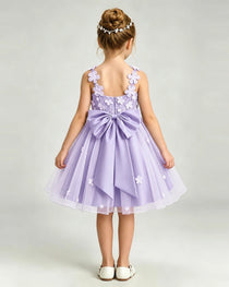 Lavender Flower Girl Dress 3D Floral Applique Spaghetti Strap Knee-Length A-Line Gown Back View