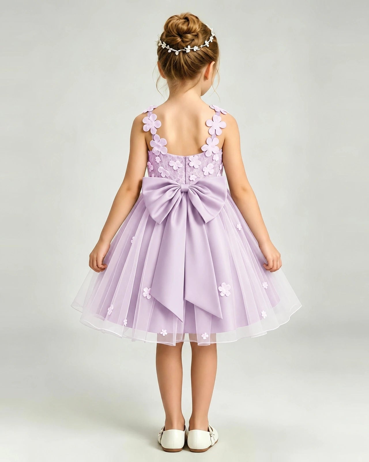 Lilac Flower Girl Dress 3D Floral Applique Spaghetti Strap Knee-Length A-Line Gown Back View