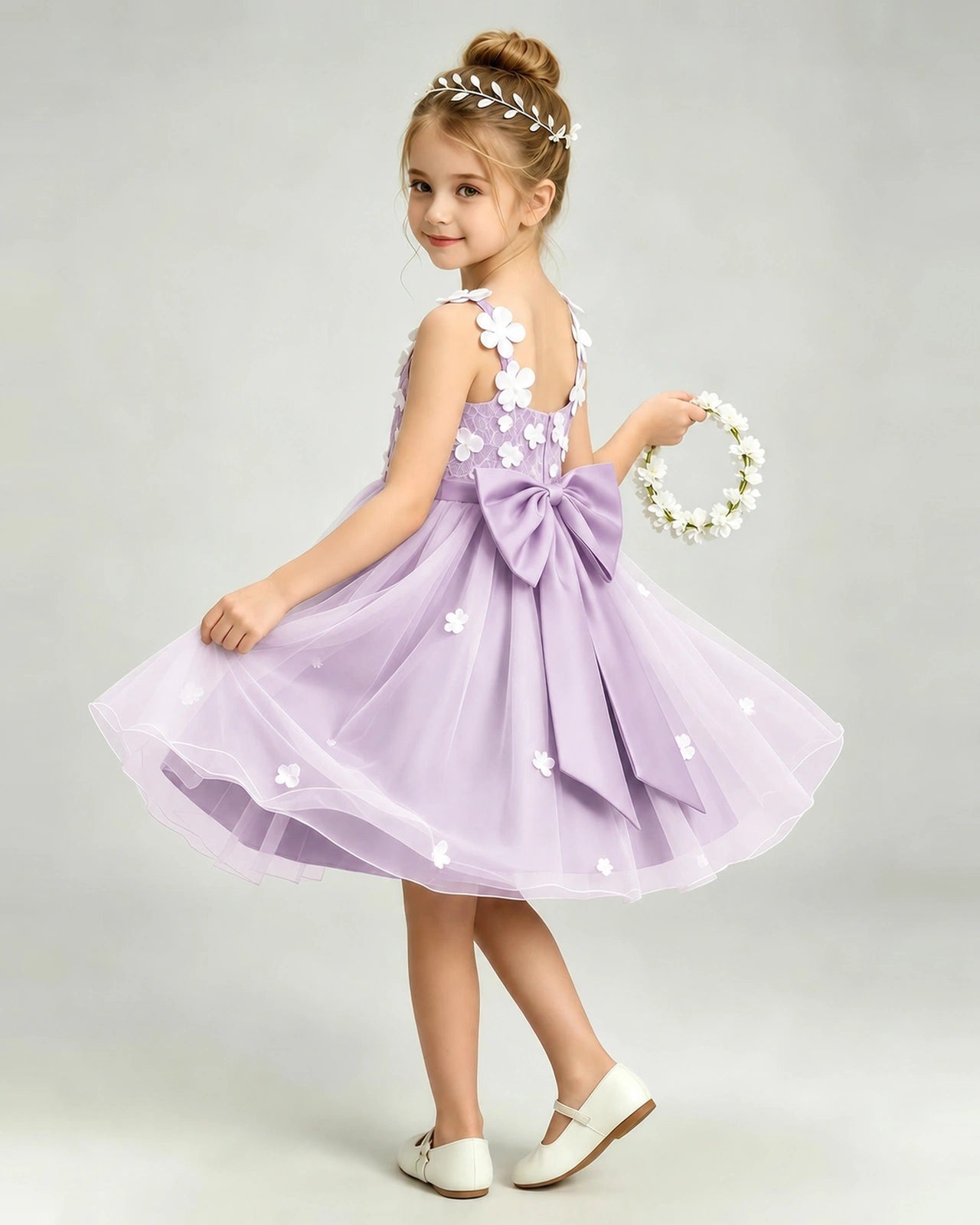 Lilac Flower Girl Dress 3D Floral Applique Spaghetti Strap Knee-Length A-Line Gown Side View