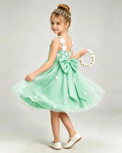 Mint Green Flower Girl Dress 3D Floral Applique Spaghetti Strap Knee-Length A-Line Gown Side View