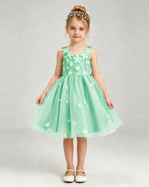 Mint Green Flower Girl Dress 3D Floral Applique Spaghetti Strap Knee-Length A-Line Gown Front View