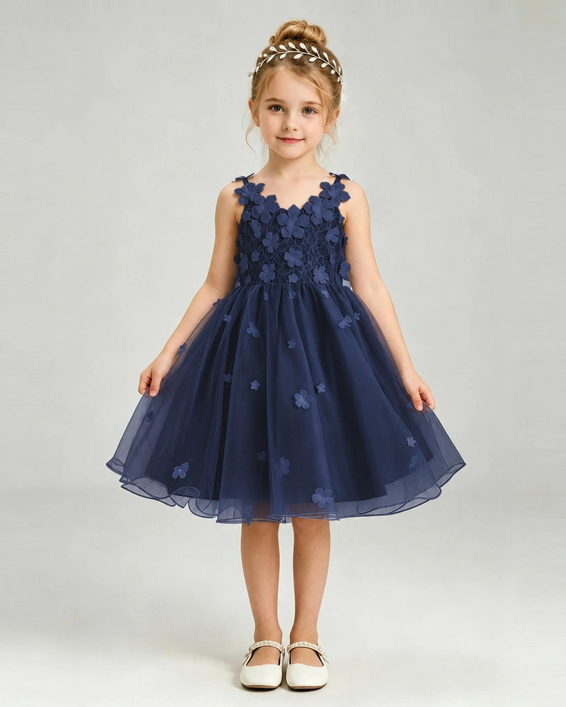 Navy Blue Tulle A-line Girls Formal Dress Front View