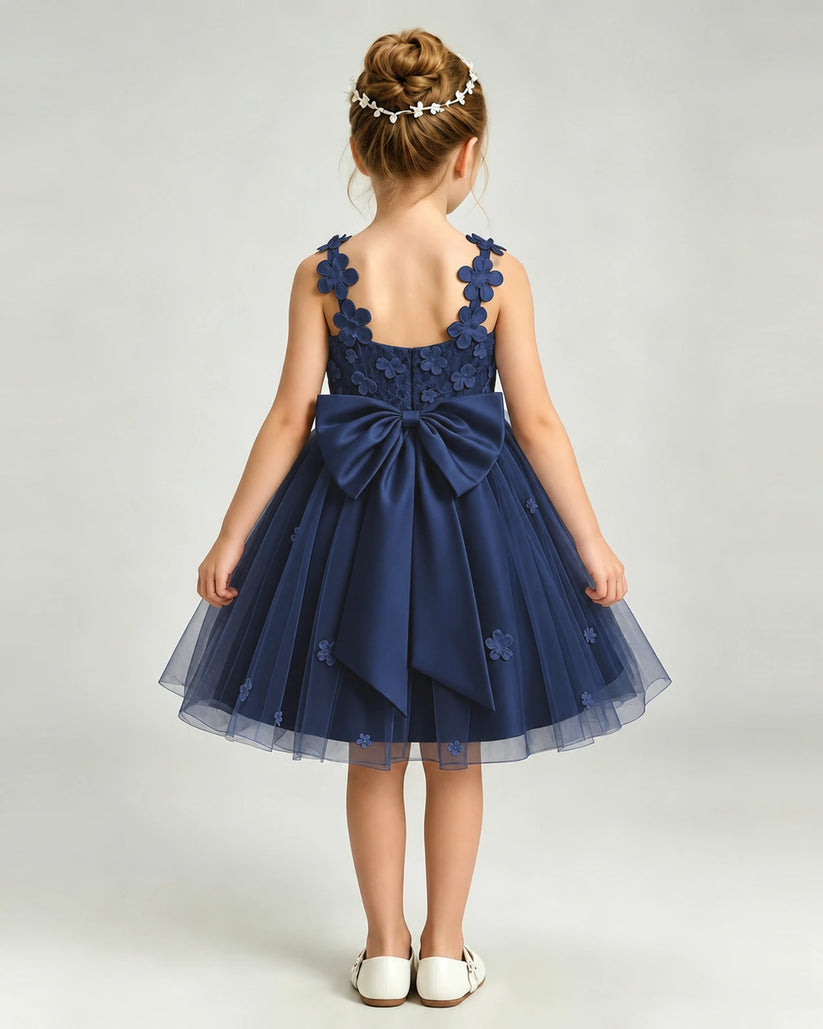 Navy Blue Tulle A-line Girls Formal Dress Back View