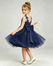 Navy Blue Flower Girl Dress 3D Floral Applique Spaghetti Strap Knee-Length A-Line Gown Side View