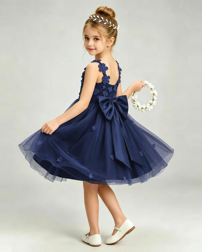 Navy Blue Flower Girl Dress 3D Floral Applique Spaghetti Strap Knee-Length A-Line Gown Side View