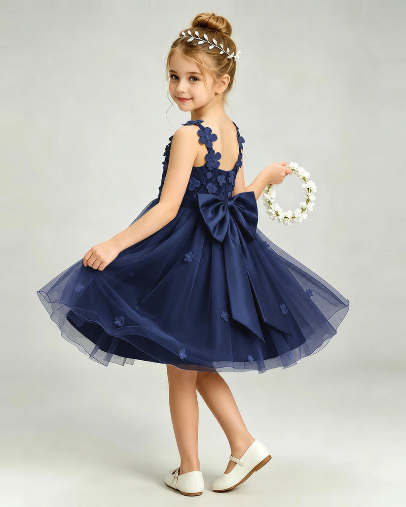 Navy Blue Tulle A-line Girls Formal Dress Back View