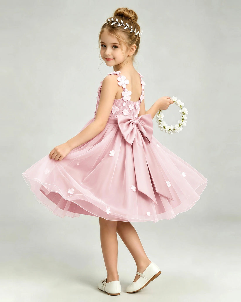 Pink Tulle A-line Girls Formal Dress Back View