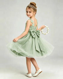 Sage GreenFlower Girl Dress 3D Floral Applique Spaghetti Strap Knee-Length A-Line Gown Side View