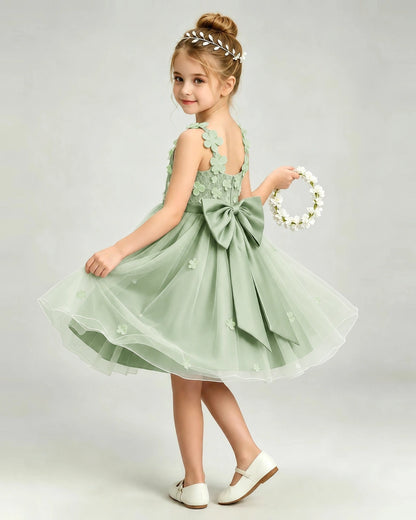 Sage GreenFlower Girl Dress 3D Floral Applique Spaghetti Strap Knee-Length A-Line Gown Side View