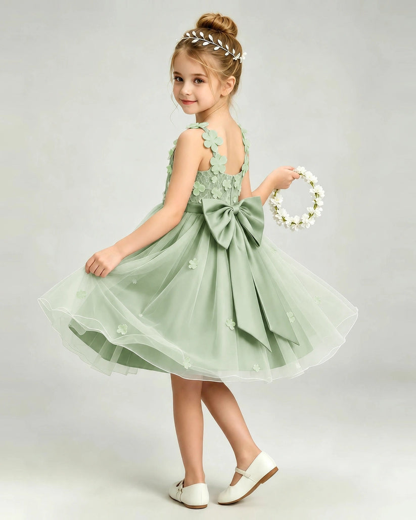 Sage Green Tulle A-line Girls Formal Dress Back View