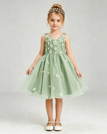 Sage GreenFlower Girl Dress 3D Floral Applique Spaghetti Strap Knee-Length A-Line Gown Front View