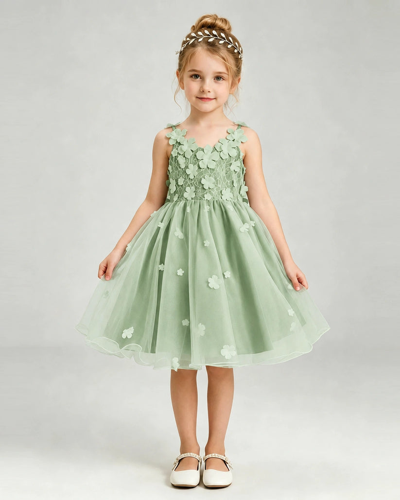 Sage Green Tulle A-line Girls Formal Dress Front View