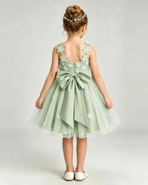 Sage Green Flower Girl Dress 3D Floral Applique Spaghetti Strap Knee-Length A-Line Gown Back View
