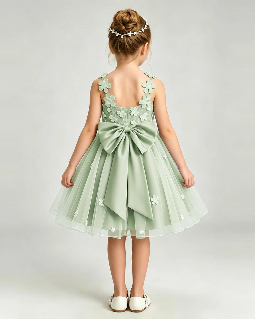 Sage Green Tulle A-line Girls Formal Dress Back View