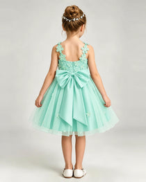 Turquoise Flower Girl Dress 3D Floral Applique Spaghetti Strap Knee-Length A-Line Gown Back View