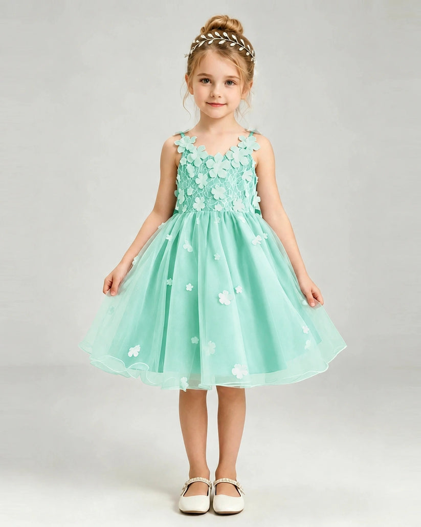 Turquoise Tulle A-line Girls Formal Dress Front View